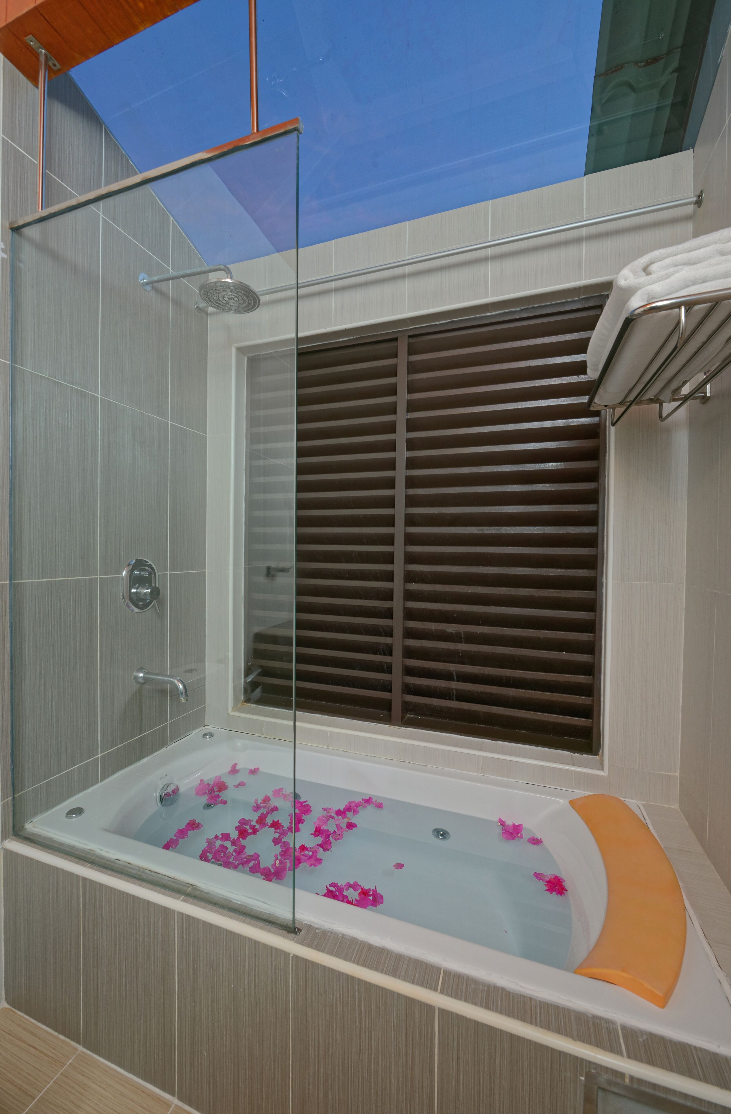 water bungalow | bathroom | shower, rainfall showerhead, free toiletries, hair dryer