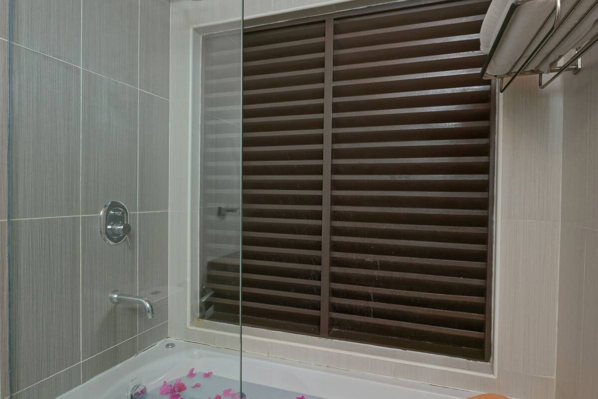 water bungalow | bathroom | shower, rainfall showerhead, free toiletries, hair dryer