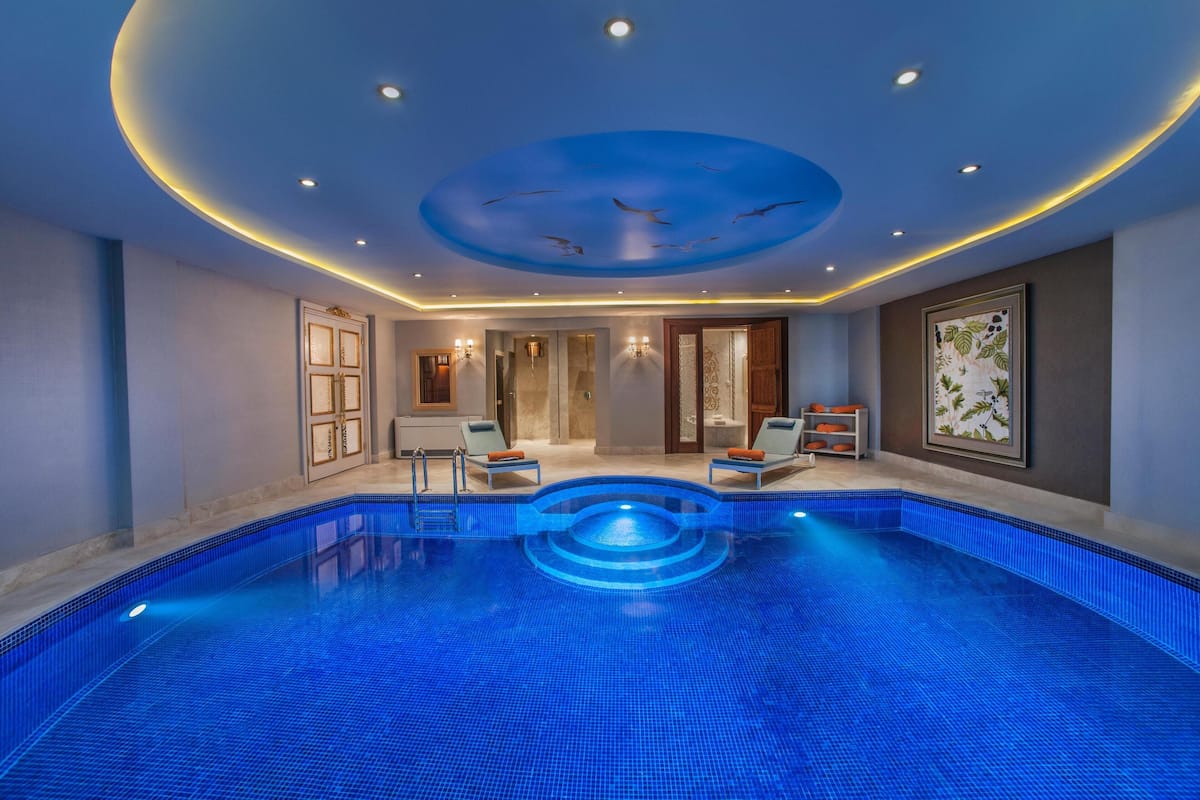 A modern indoor swimming pool with a blue-tiled floor, recessed lighting, and a ceiling with a bird mural.