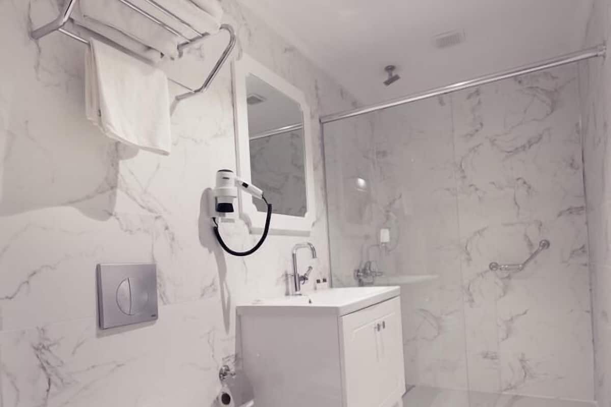 Shower, free toiletries, hair dryer, slippers