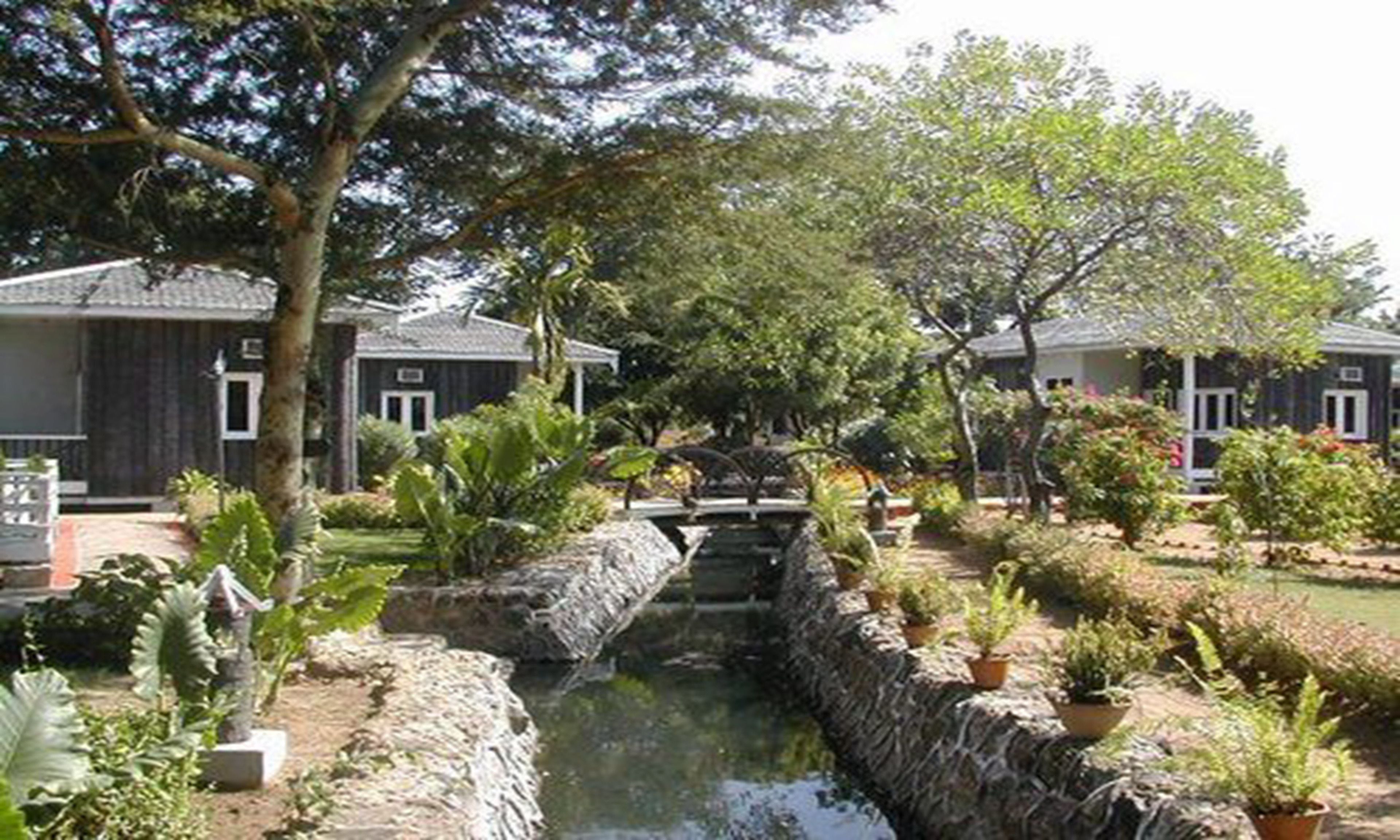 A serene hotel courtyard with a small water feature, stone walls, and potted plants.