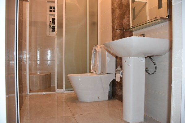 A modern bathroom with a glass shower enclosure, a white toilet, and a large sink with a mirror above it.
