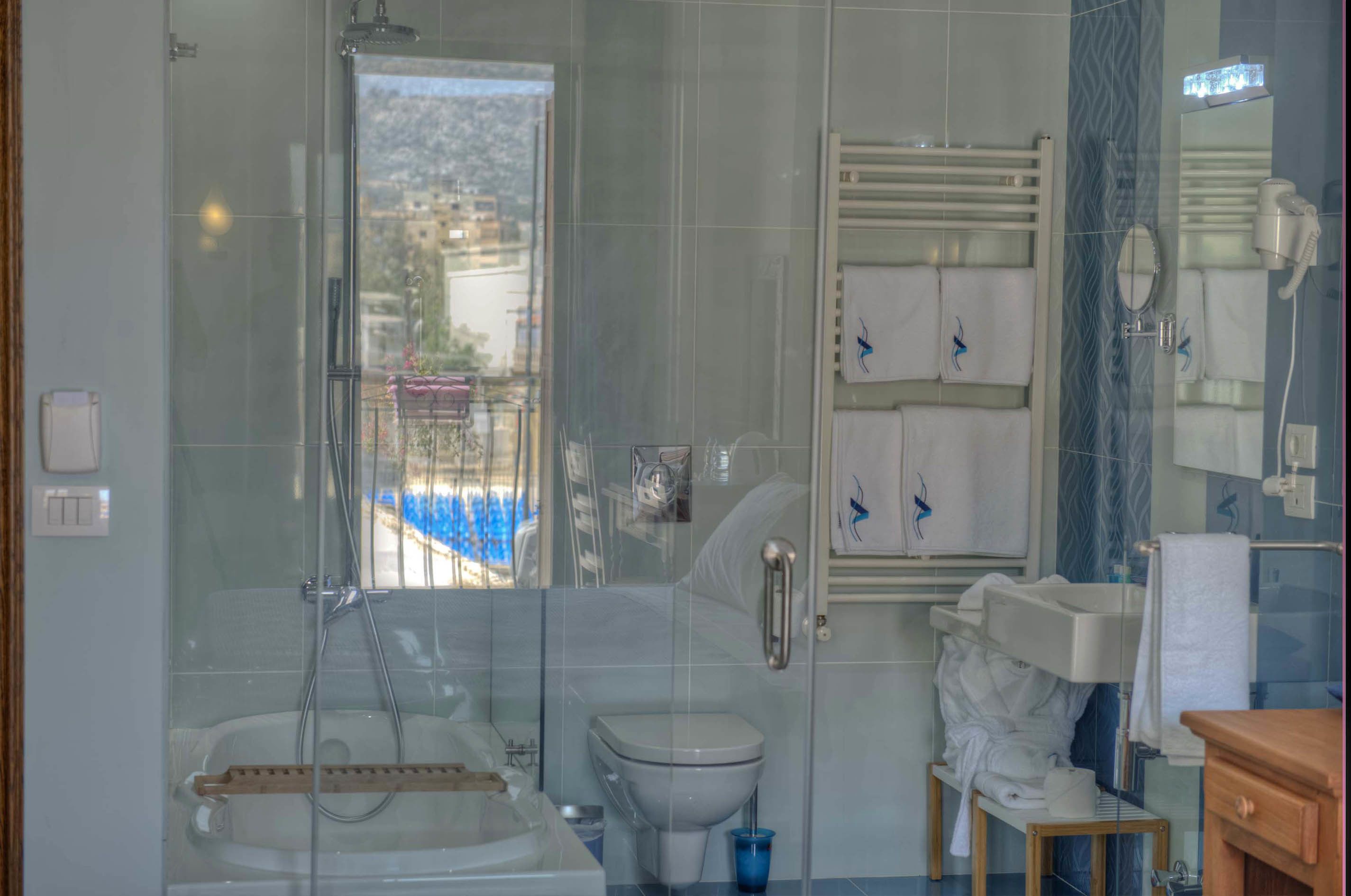 Une salle de bain avec une douche à parois de verre, des toilettes et un lavabo.