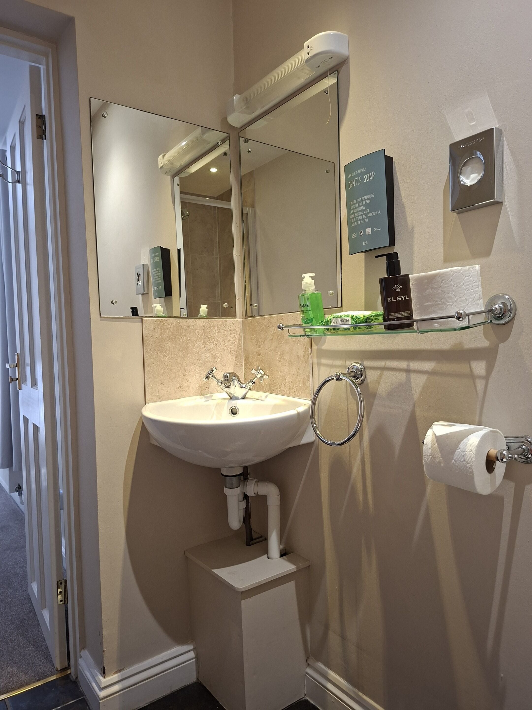 Ein Badezimmer mit einem weißen Waschbecken, einem Spiegel, einem Handtuchhalter, einem Toilettenpapierhalter und einem Ablagebereich für Pflegeprodukte.