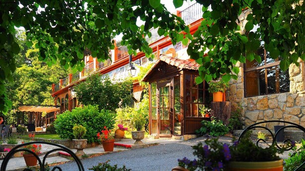 Un patio con un edificio de piedra, plantas en macetas y mobiliario exterior.