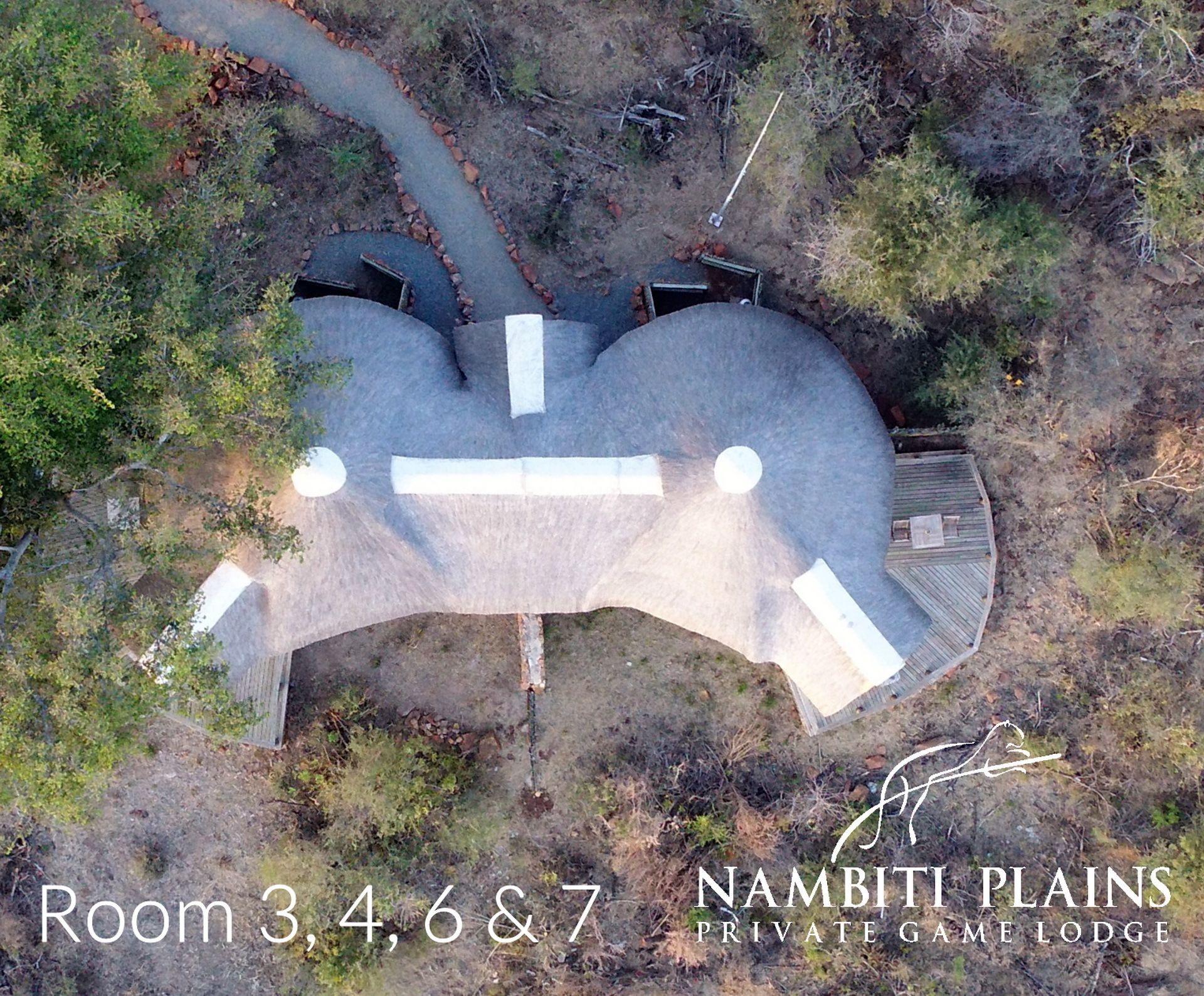 An aerial view of Nambiti Plains Private Game Lodge with four rooms (3, 4, 6, and 7) arranged around a central structure.