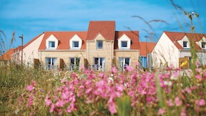 A row of houses with red roofs and white walls, surrounded by a field of pink flowers. - Résidence Odalys Les Villas de la Baie (Le Crotoy)
