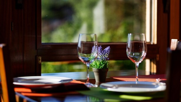 A table with two wine glasses and a small potted plant, set against a window with a blurred outdoor view.
