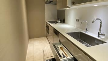 A modern kitchen with two sinks, a stove, and a built-in oven.
