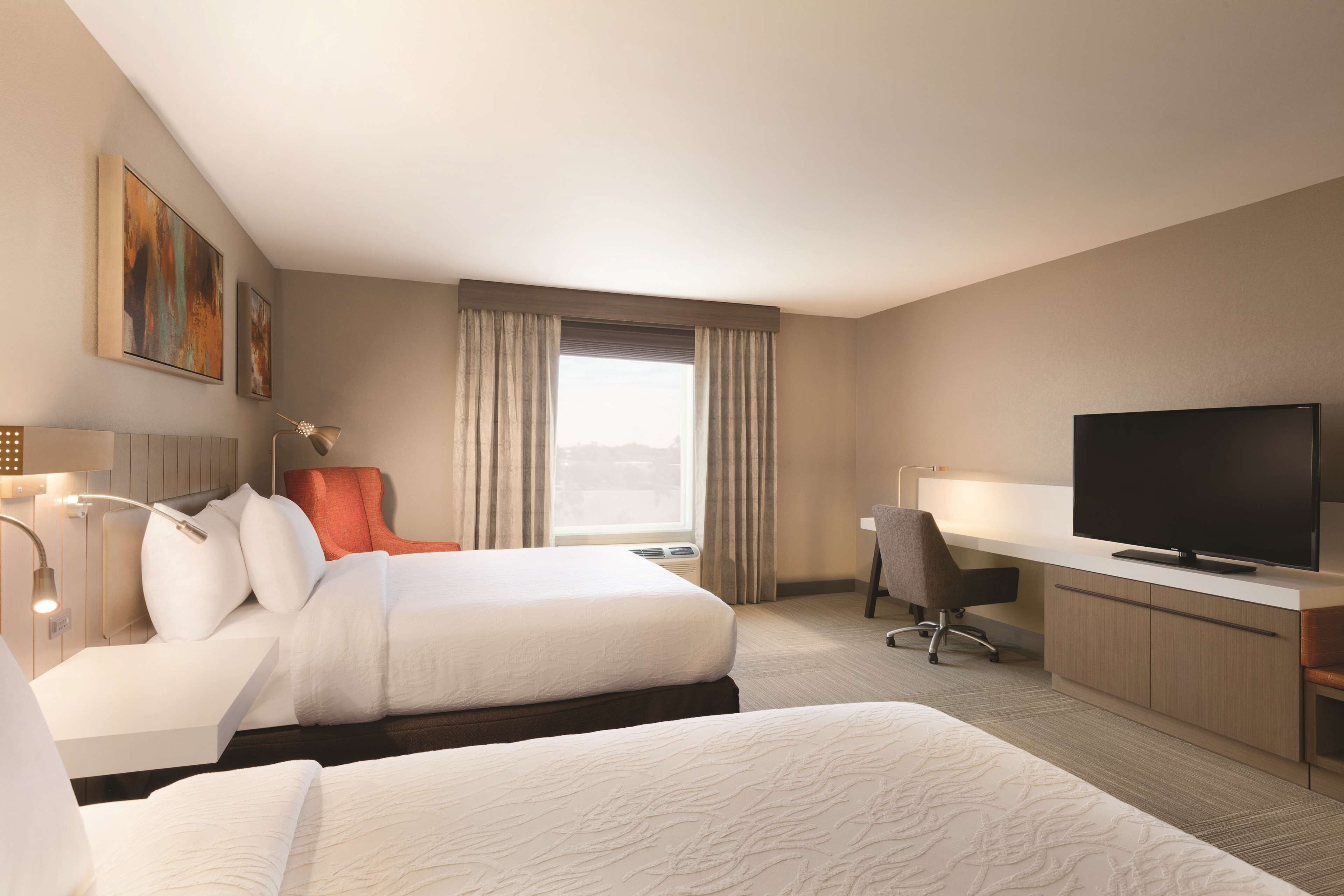 desk, laptop workspace, blackout curtains, iron/ironing board