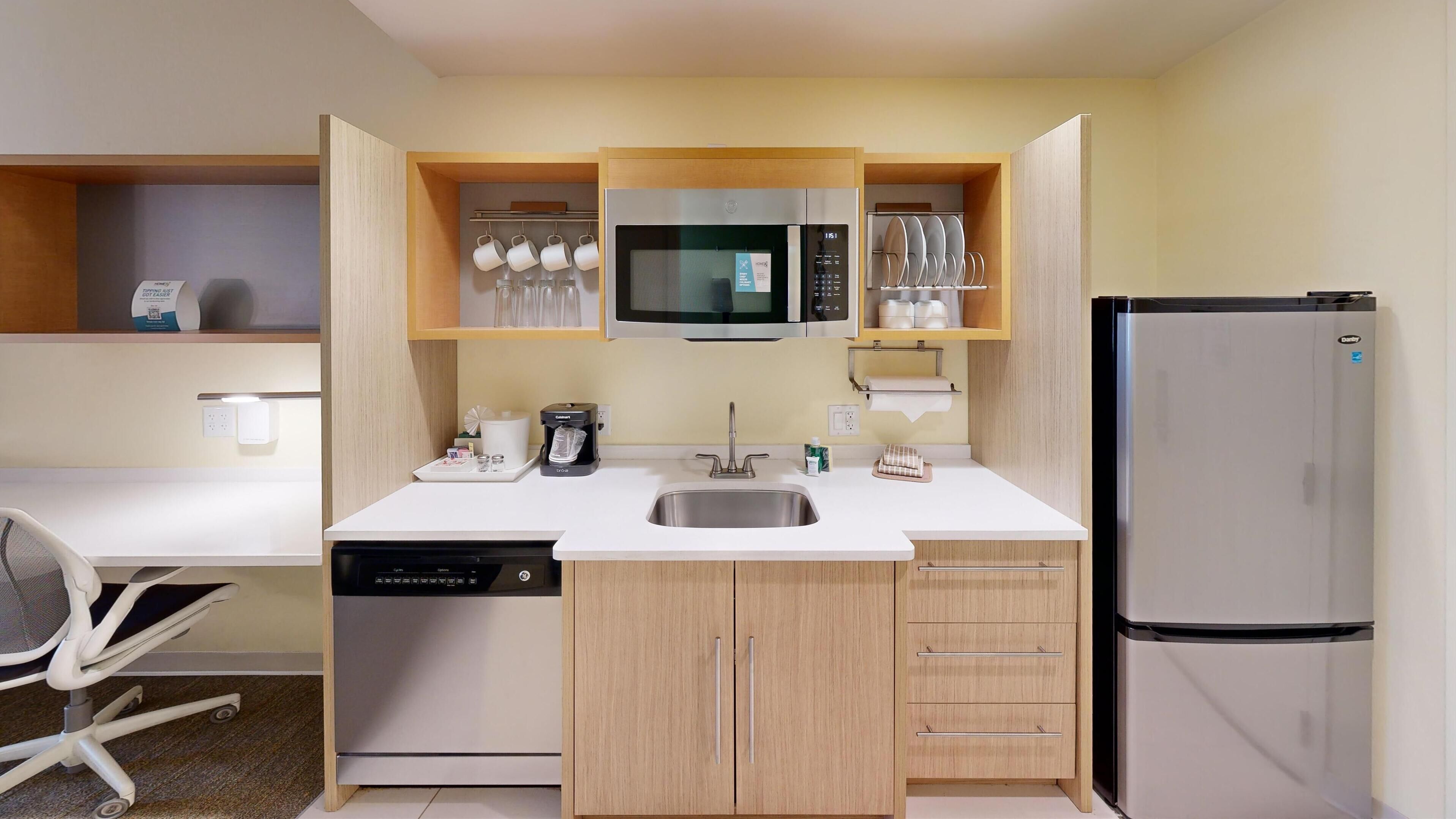 desk, laptop workspace, blackout curtains, iron/ironing board