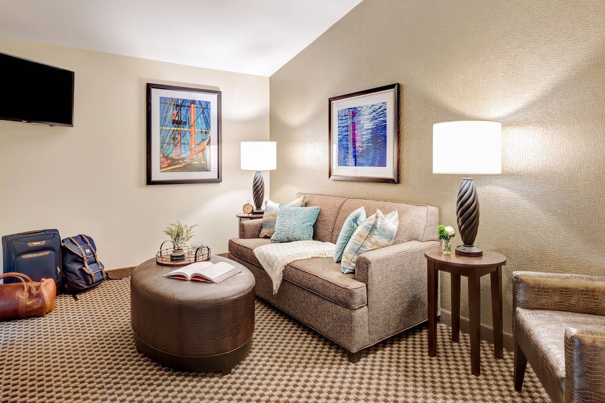 Une chambre d’hôtel avec un canapé marron, un pouf et un fauteuil, une petite table d’appoint avec une lampe, un téléviseur à écran plat fixé au mur et deux tableaux abstraits encadrés.