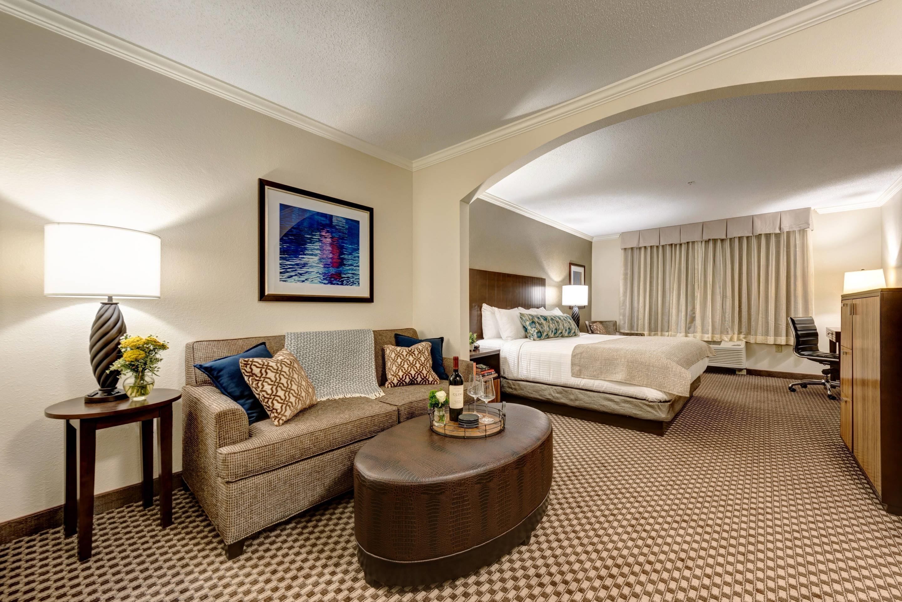 premium bedding, desk, blackout curtains, iron/ironing board