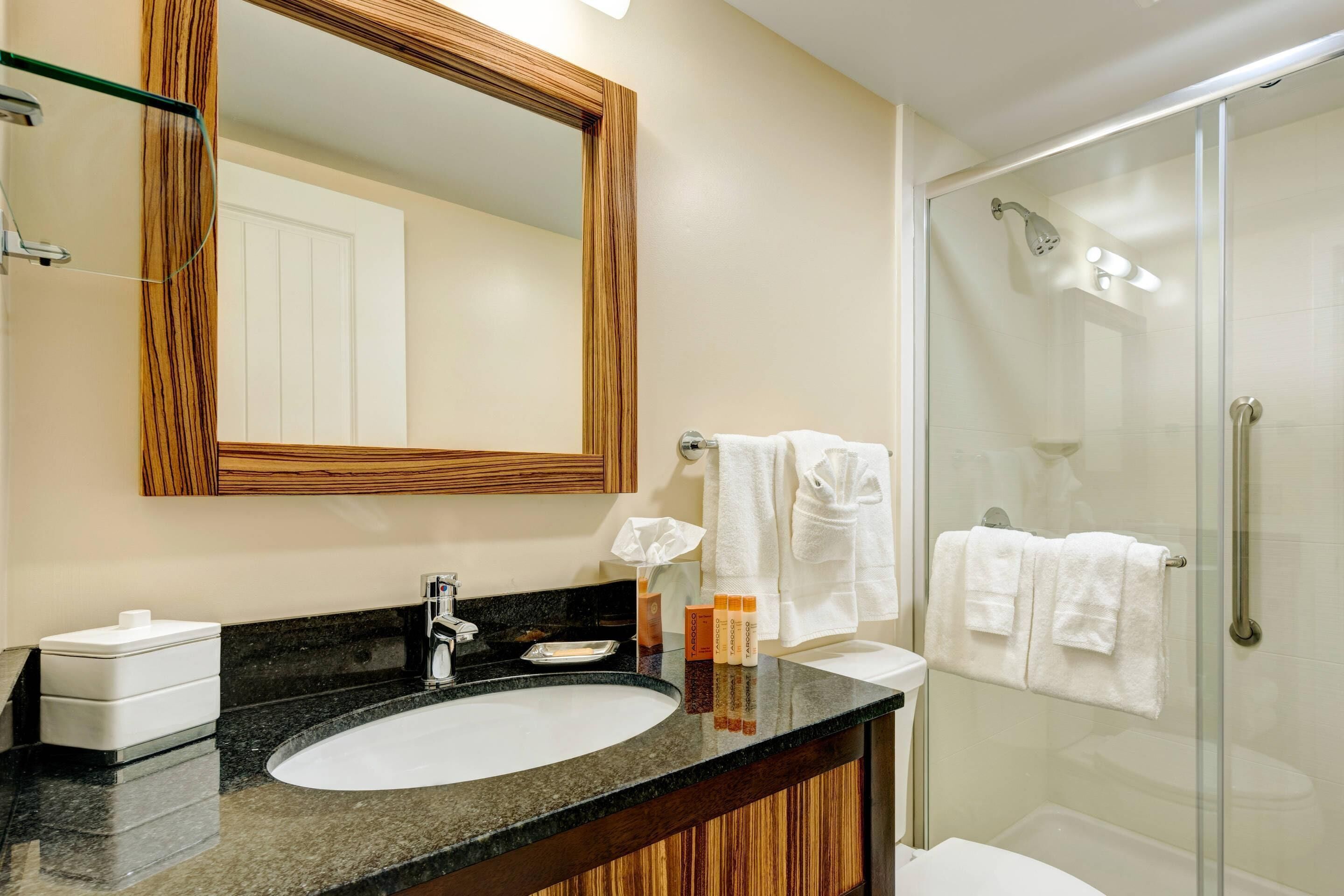 Een badkamer met een wastafel, spiegel en douche.