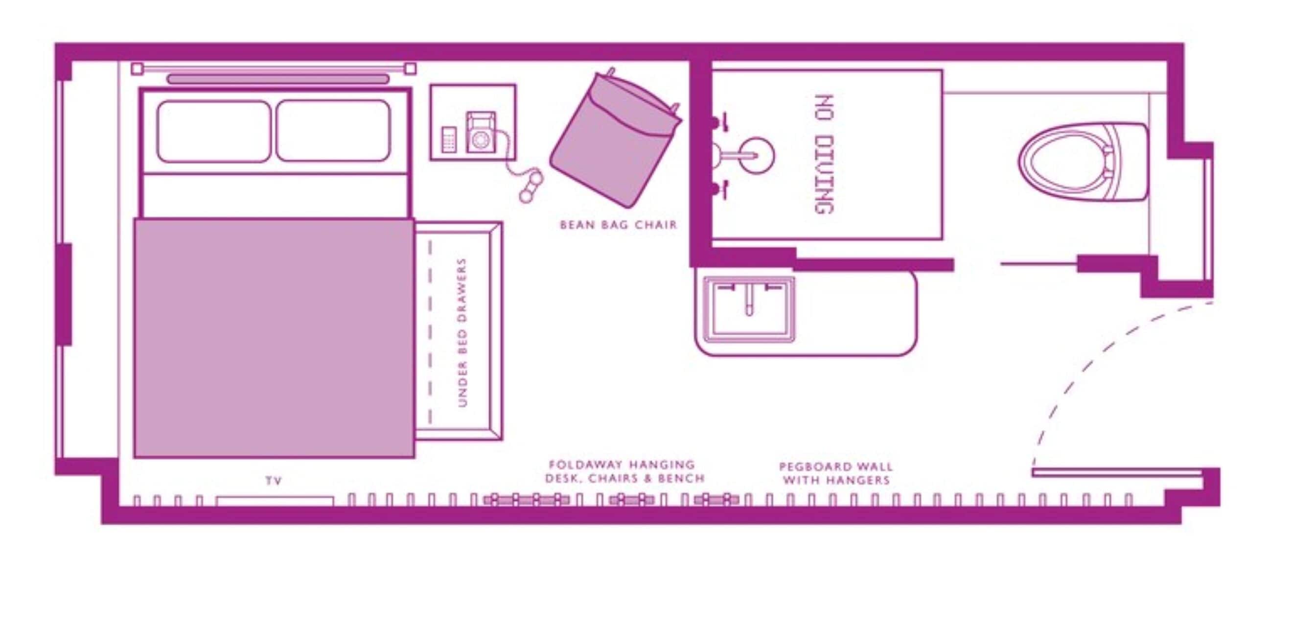 A room layout with a TV, bean bag chair, under-bed drawers, foldaway hanching desk, chairs, bench, pegboard wall with hangers, and a no-dividing sign.