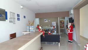 Un área de recepción con mostrador, certificados enmarcados y una decoración navideña.