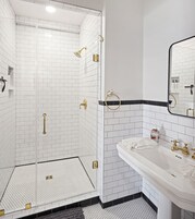 Shower, free toiletries, hair dryer, towels