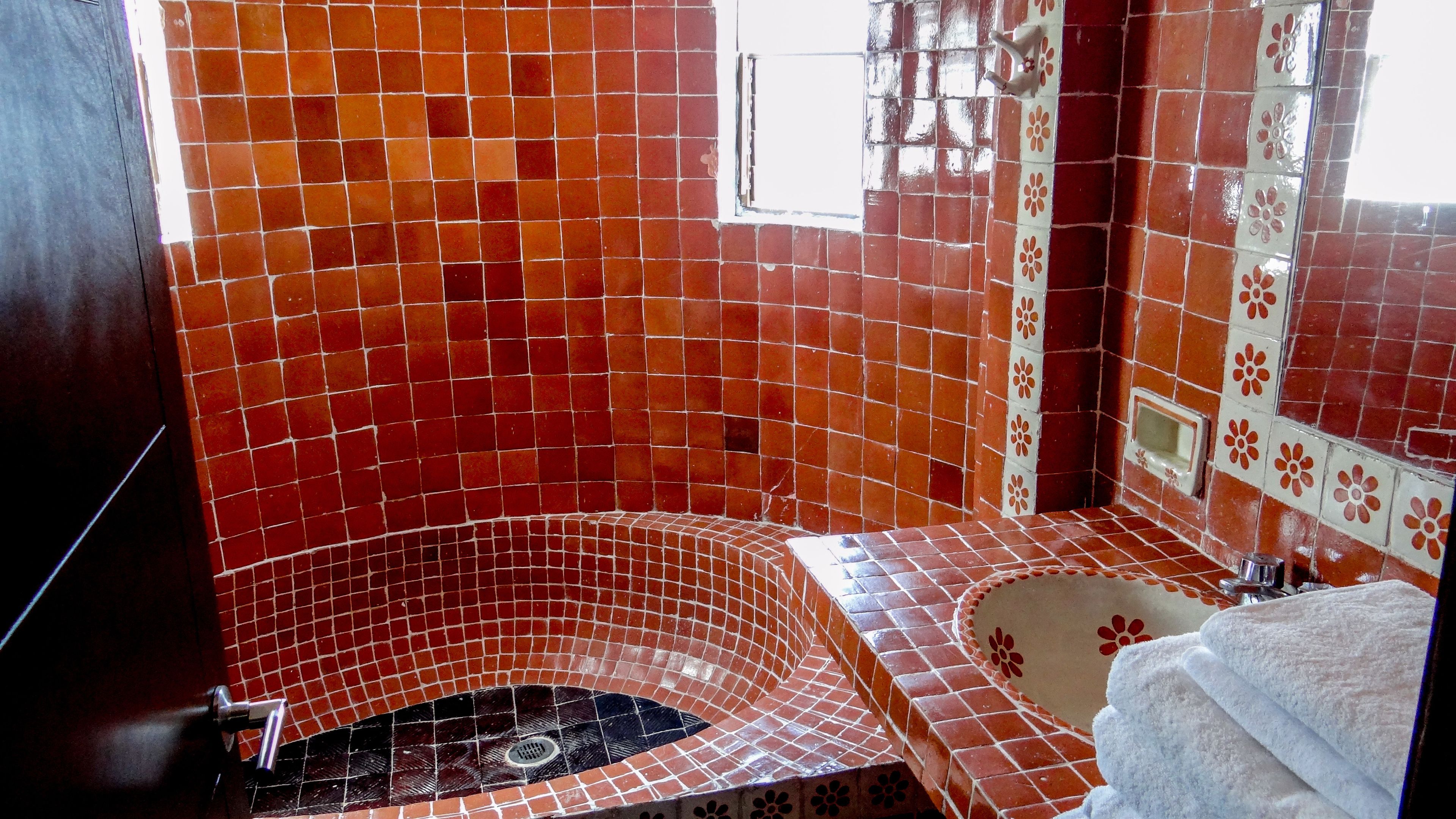 A bathroom with a red-tiled jacuzzi, a white sink, and a mirror with floral tiles.