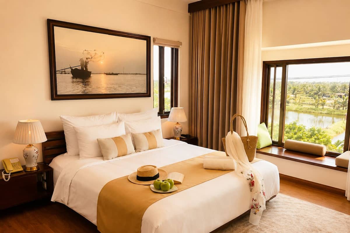Habitación de hotel con cama, un cuadro, vista a un cuerpo de agua y una ventana con vistas a la vegetación.