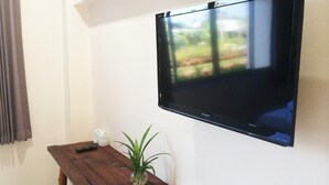 Een kamer met een wandgemonteerde flatscreen-tv, een houten tafel met een potplant en een afstandsbediening op de tafel.