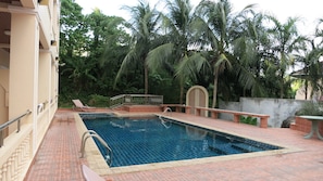 Outdoor pool, pool umbrellas, pool loungers
