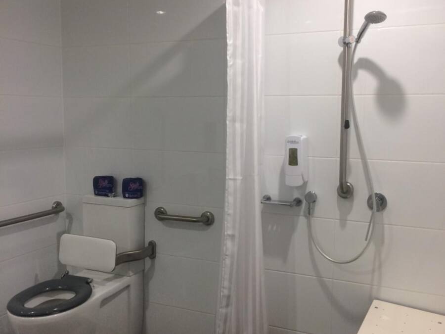 A bathroom with a toilet, a shower with a handheld showerhead, and a handrail.