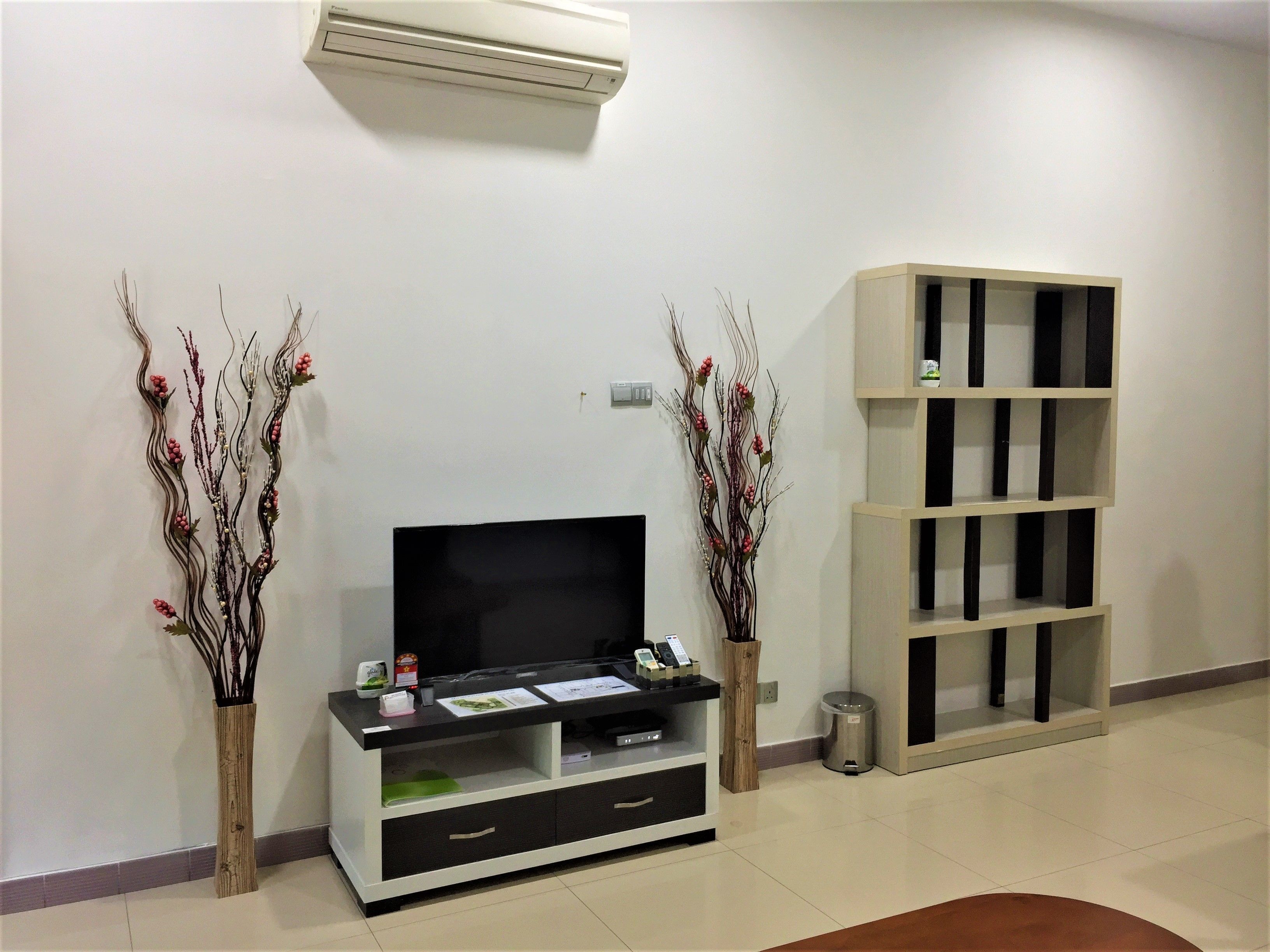 A modern living room with a flat-screen TV, a wooden console table, decorative branches, a bookshelf, and a trash can.