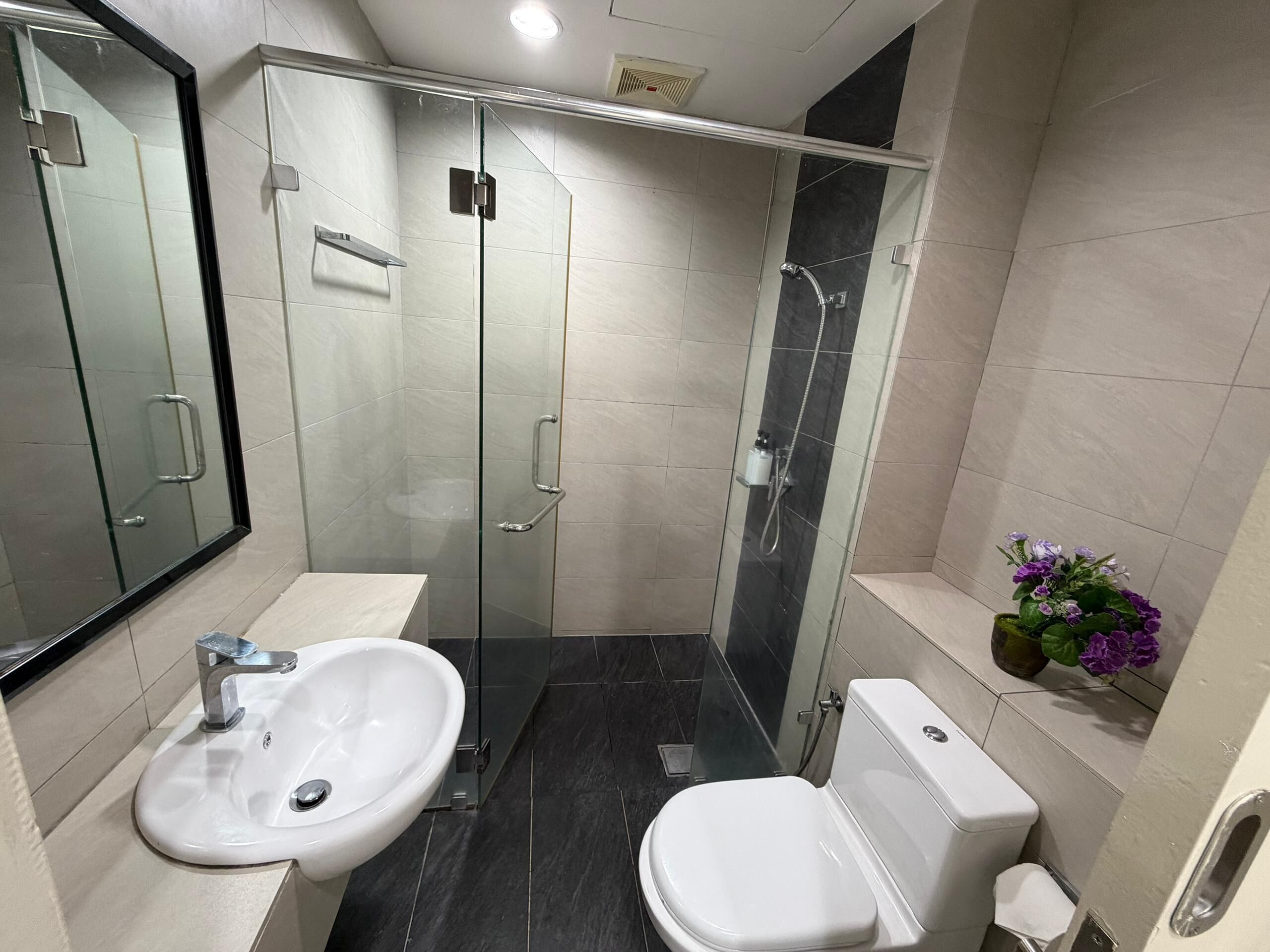 Une salle de bain moderne avec une douche à parois de verre, un lavabo blanc et des toilettes.