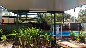 A covered outdoor area with a pool, surrounded by plants and a fence.