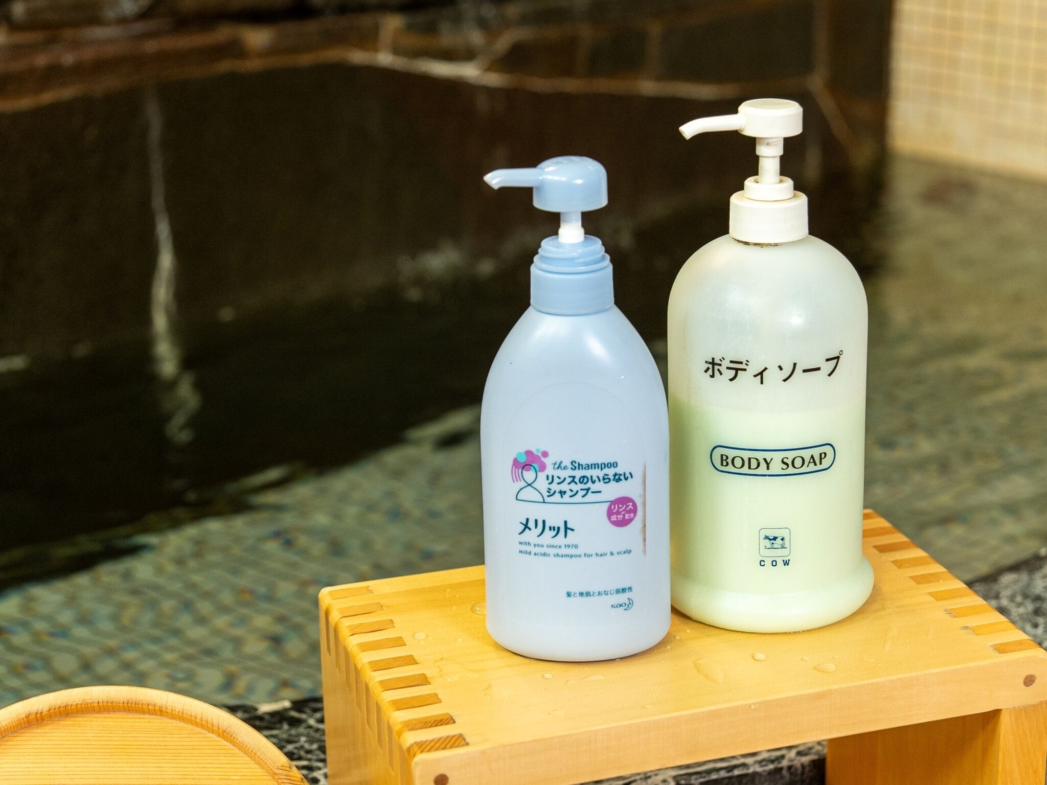 Two bottles of body soap and shampoo on a wooden block.