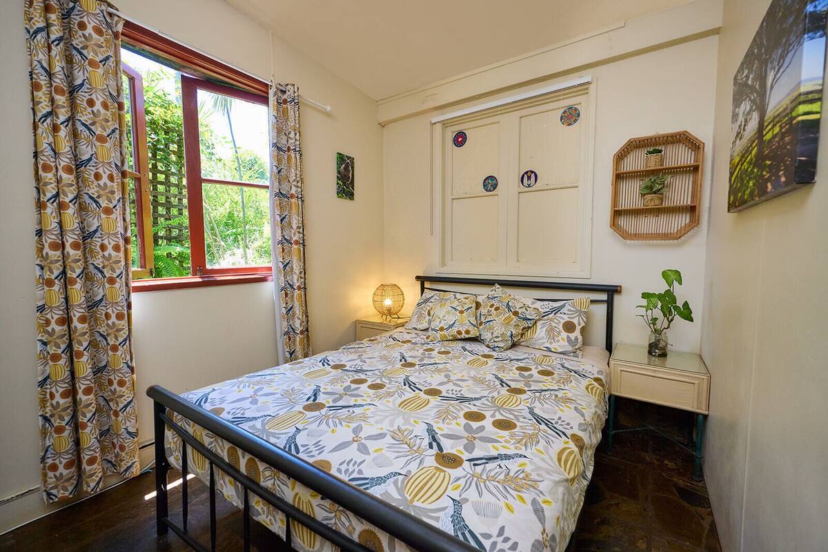 Un dormitorio con cama, una mesita de noche con lámpara, una ventana con cortinas y una repisa en la pared con plantas.