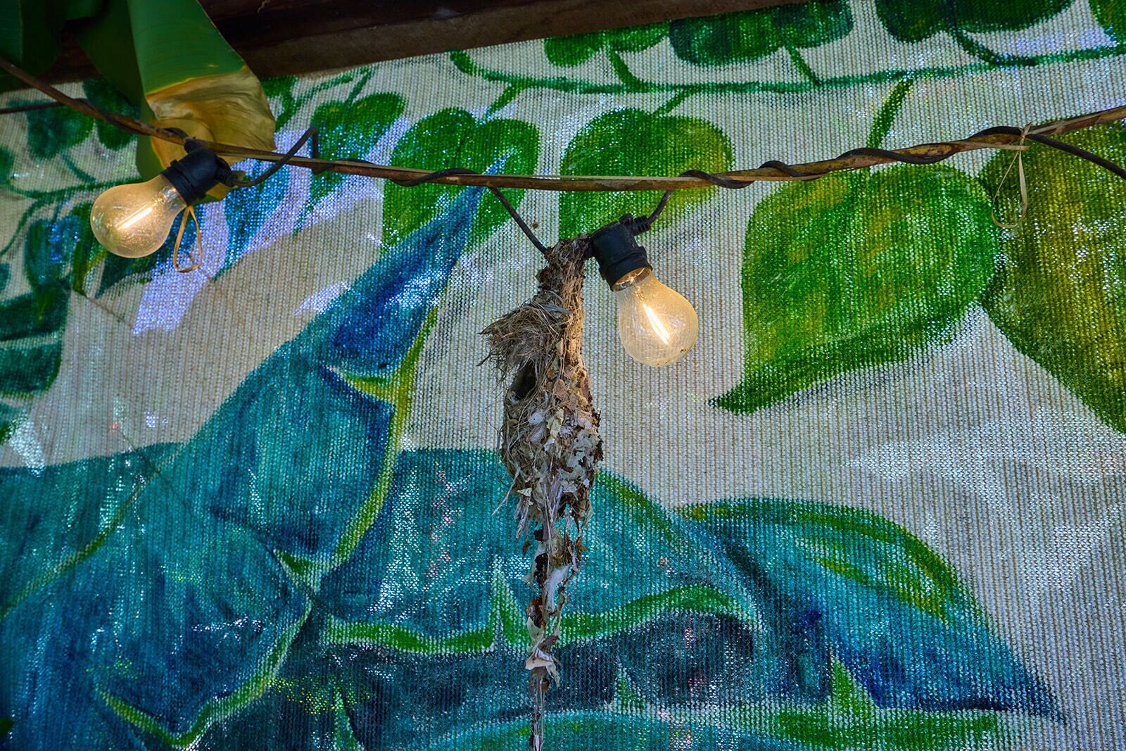 A decorative light fixture with two bulbs and a hanging ornament against a painted backdrop.