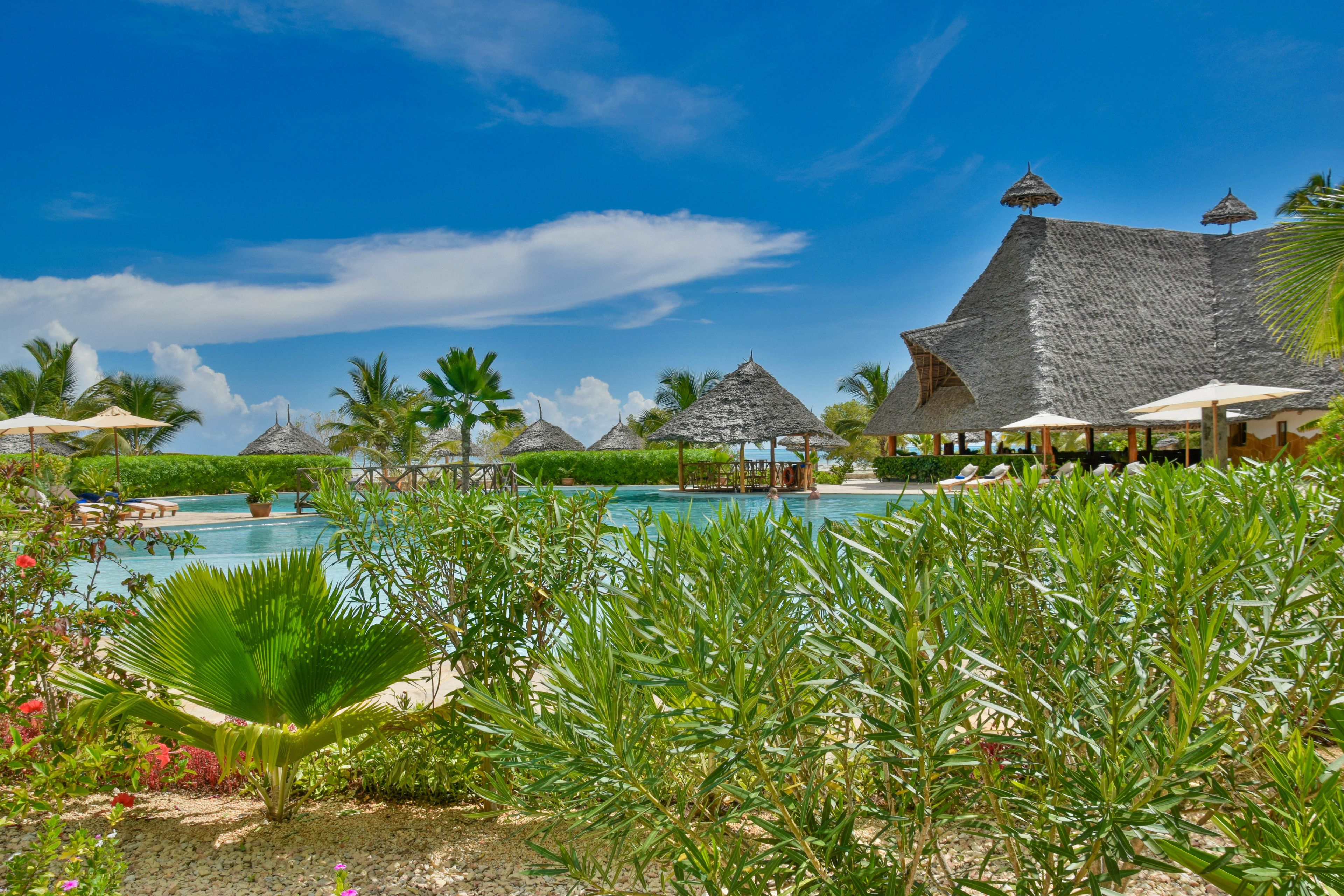 A resort with a pool, palm trees, and thatched-roof structures.