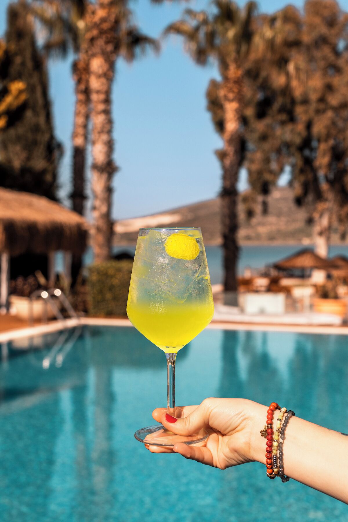A hand holding a cocktail glass with a lemon slice, palm trees, and a pool in the background.