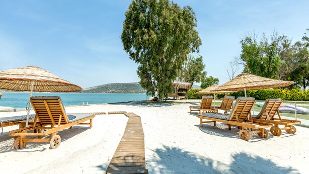 Un espace de détente aménagé sur la plage, avec des chaises longues en bois et des parasols en chaume, une passerelle en bois, et une vue sur la mer et les collines en arrière-plan.