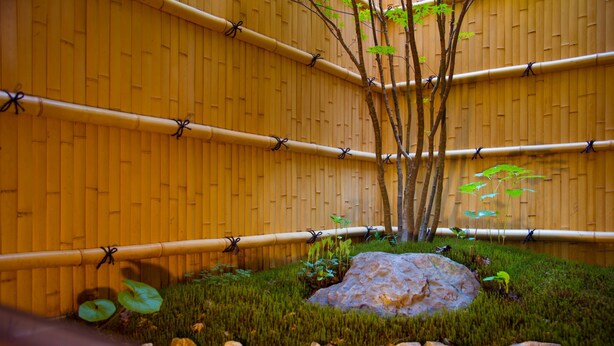 Um jardim japonês tradicional com paredes de bambu, uma rocha e solo coberto de musgo.