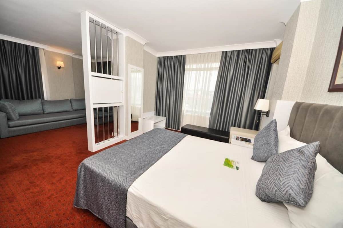 A hotel room with a bed, a sofa, a desk, and a chair.