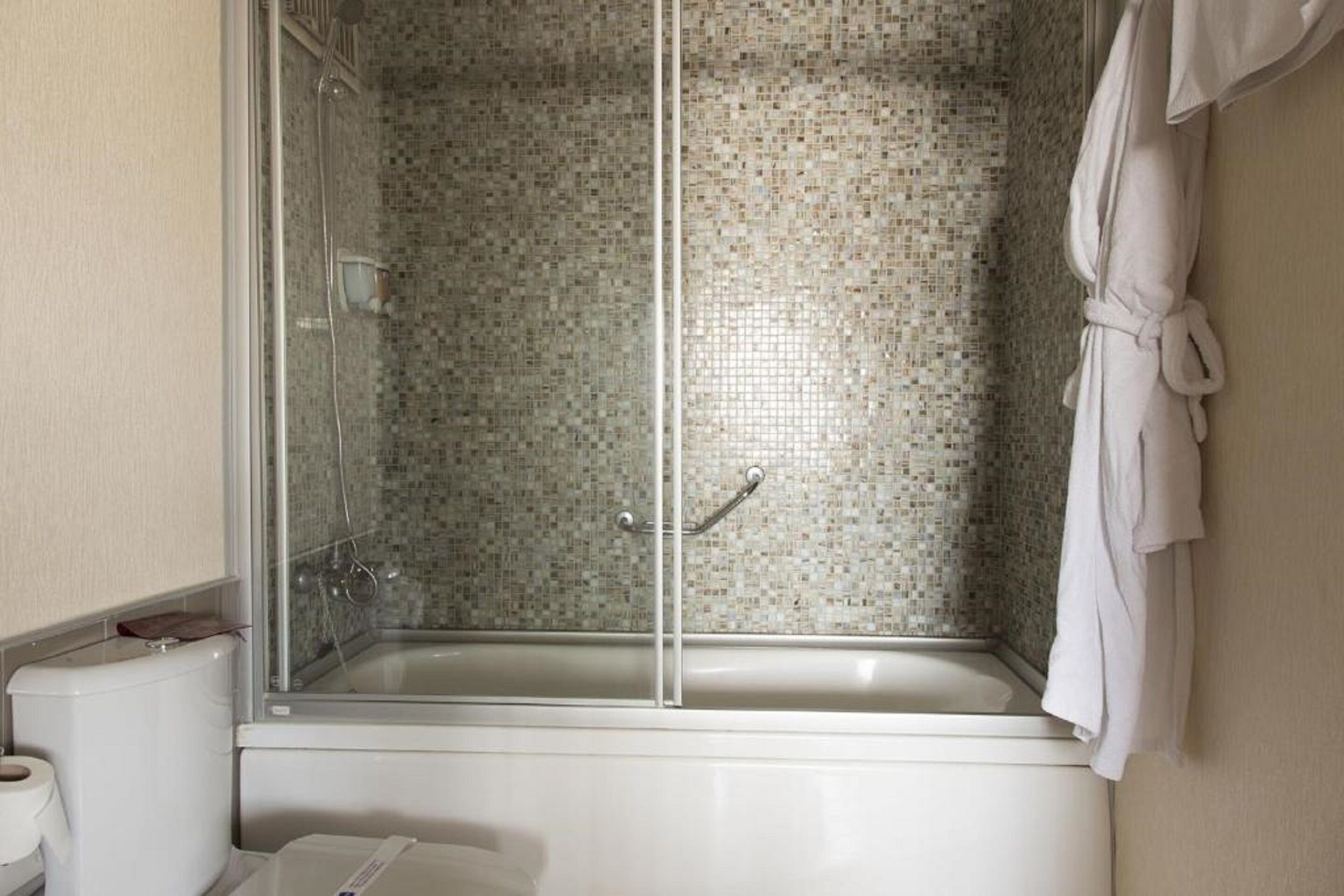 A bathroom with a shower, toilet, and bathtub.