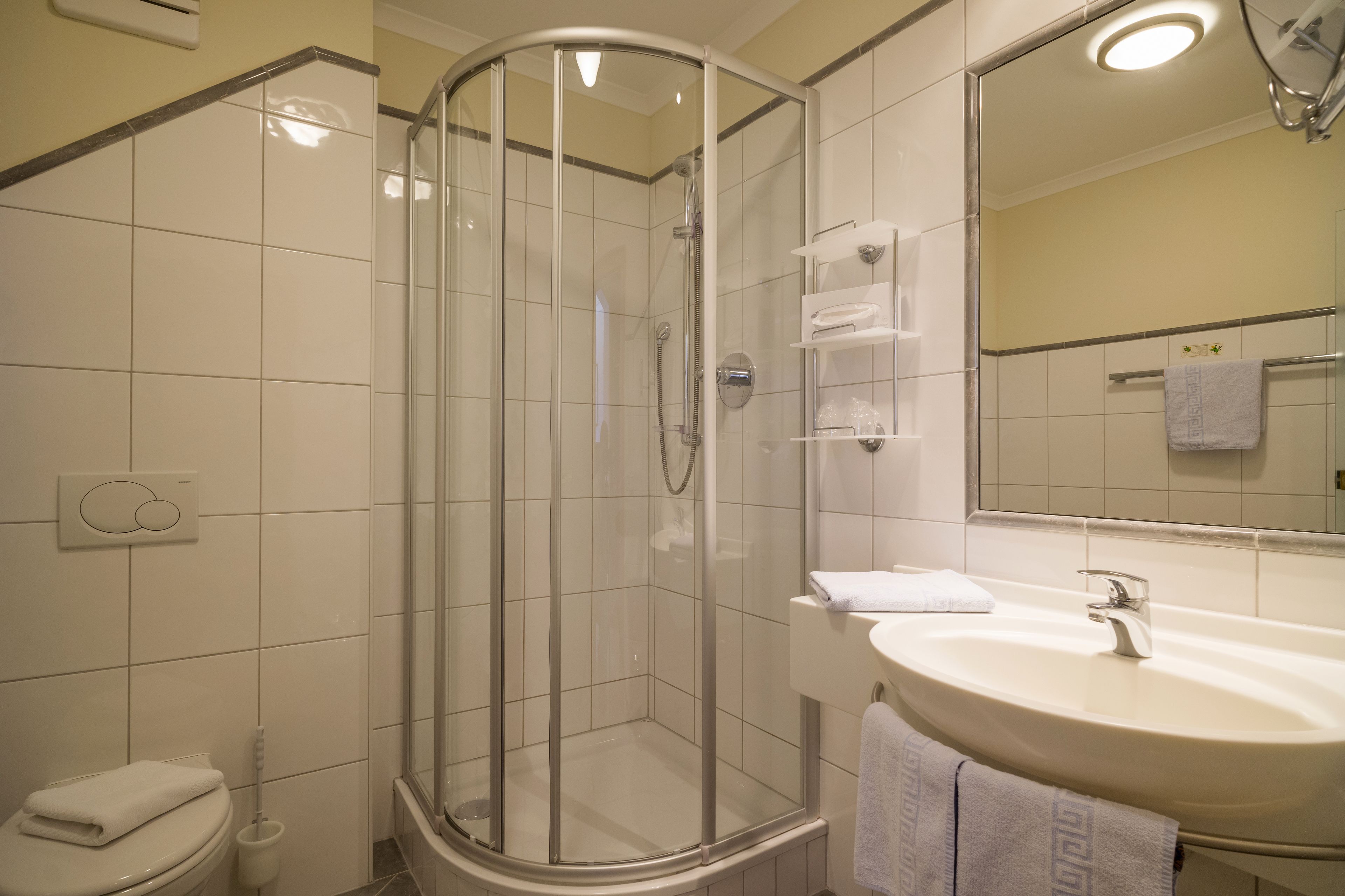 A bathroom with a glass-enclosed shower, a sink, and a toilet.