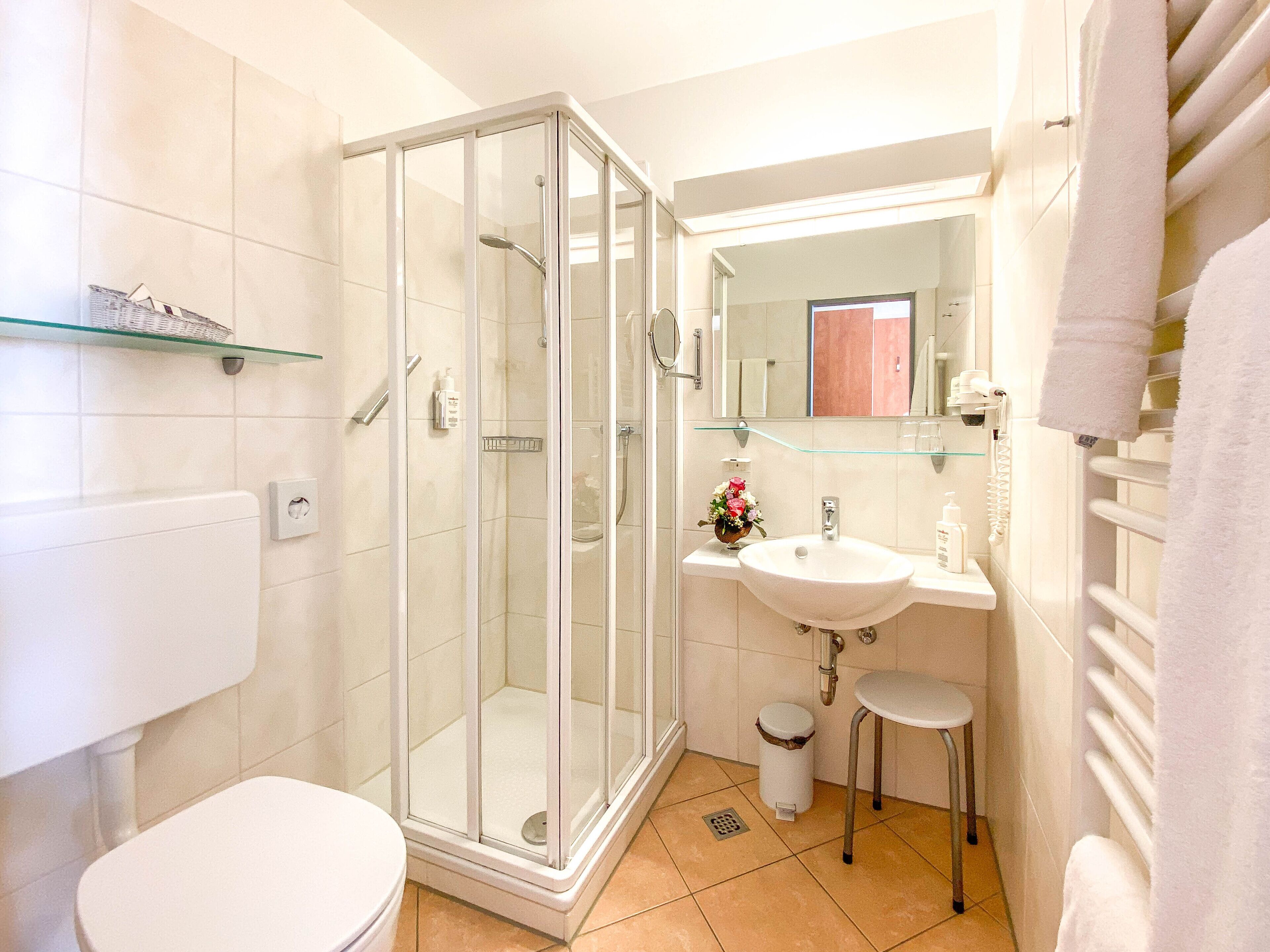 A bathroom with a glass-enclosed shower, a white sink, and a toilet.