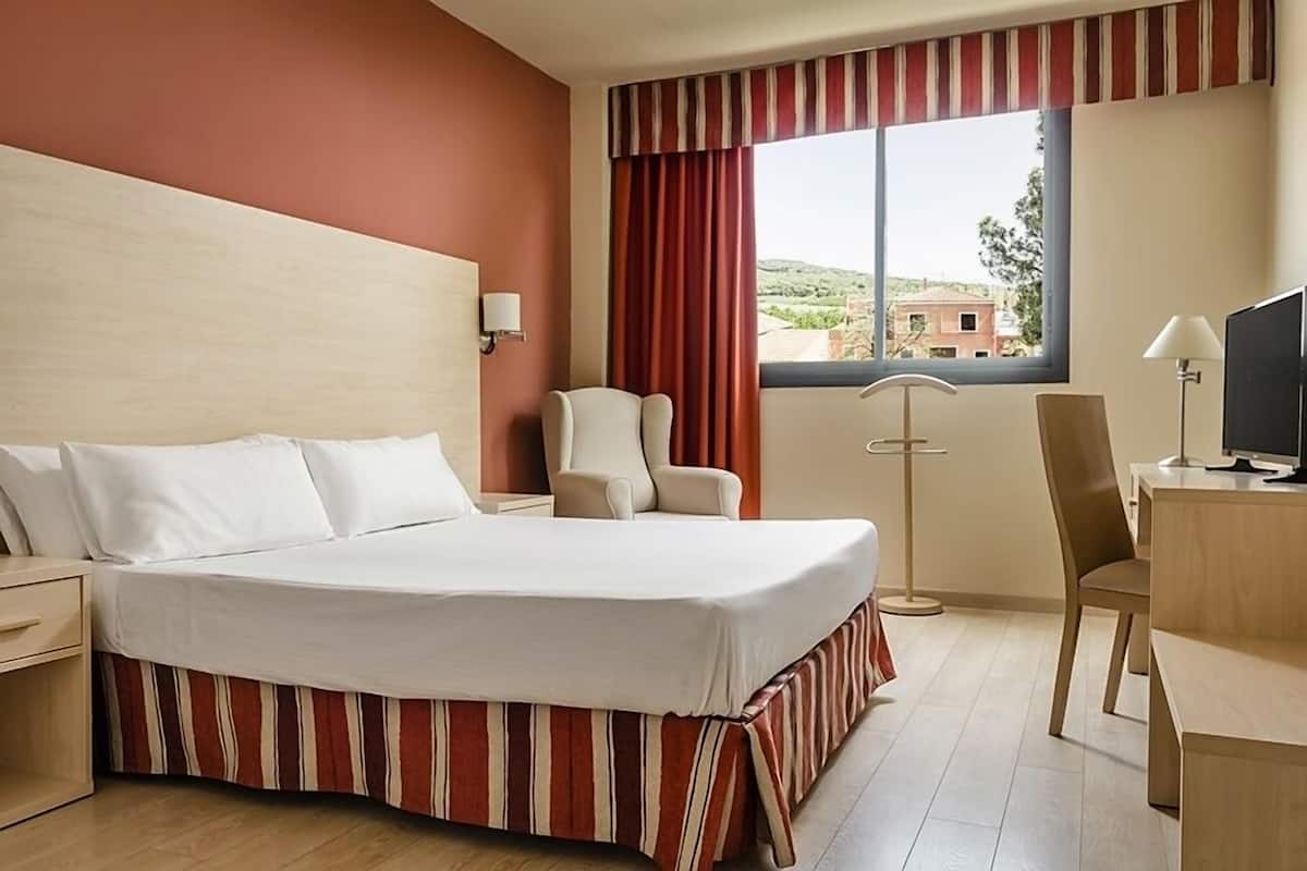 Une chambre d’hôtel avec un lit, une chaise, un bureau et un téléviseur.