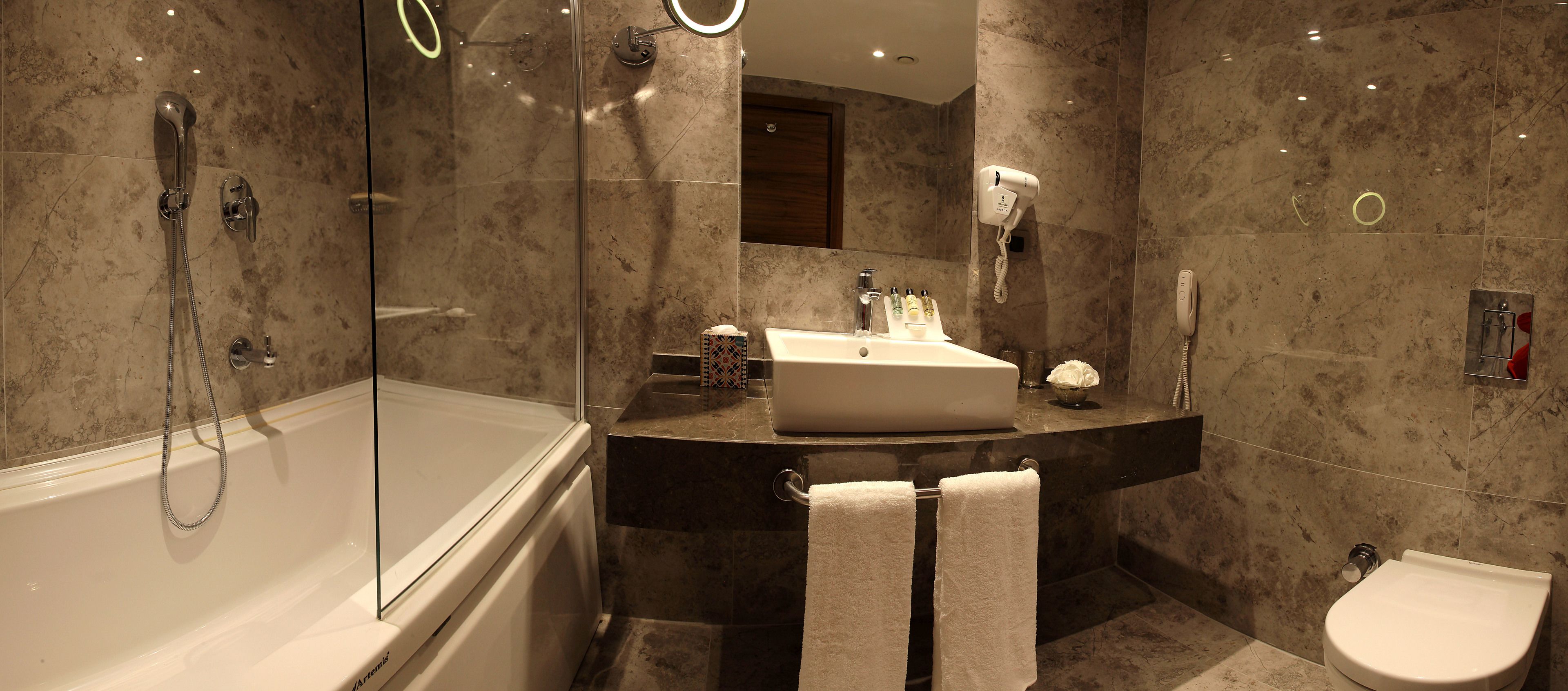 rainfall showerhead, free toiletries, hair dryer, bathrobes