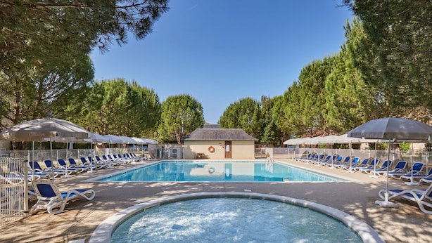 Une piscine entourée d’arbres, avec des chaises longues et des parasols.