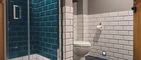 A bathroom with a shower area and a toilet.