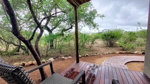 A wooden deck with a view of a natural landscape, including trees and rocks. - The Baobab Bush Lodge (Hoedspruit)