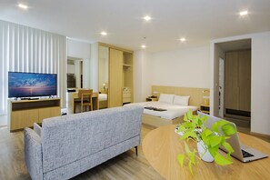 Estudi prèmium, 1 llit de matrimoni gran | Sala d'estar | Televisor de pantalla plana de 56 polzades amb canals per cable 