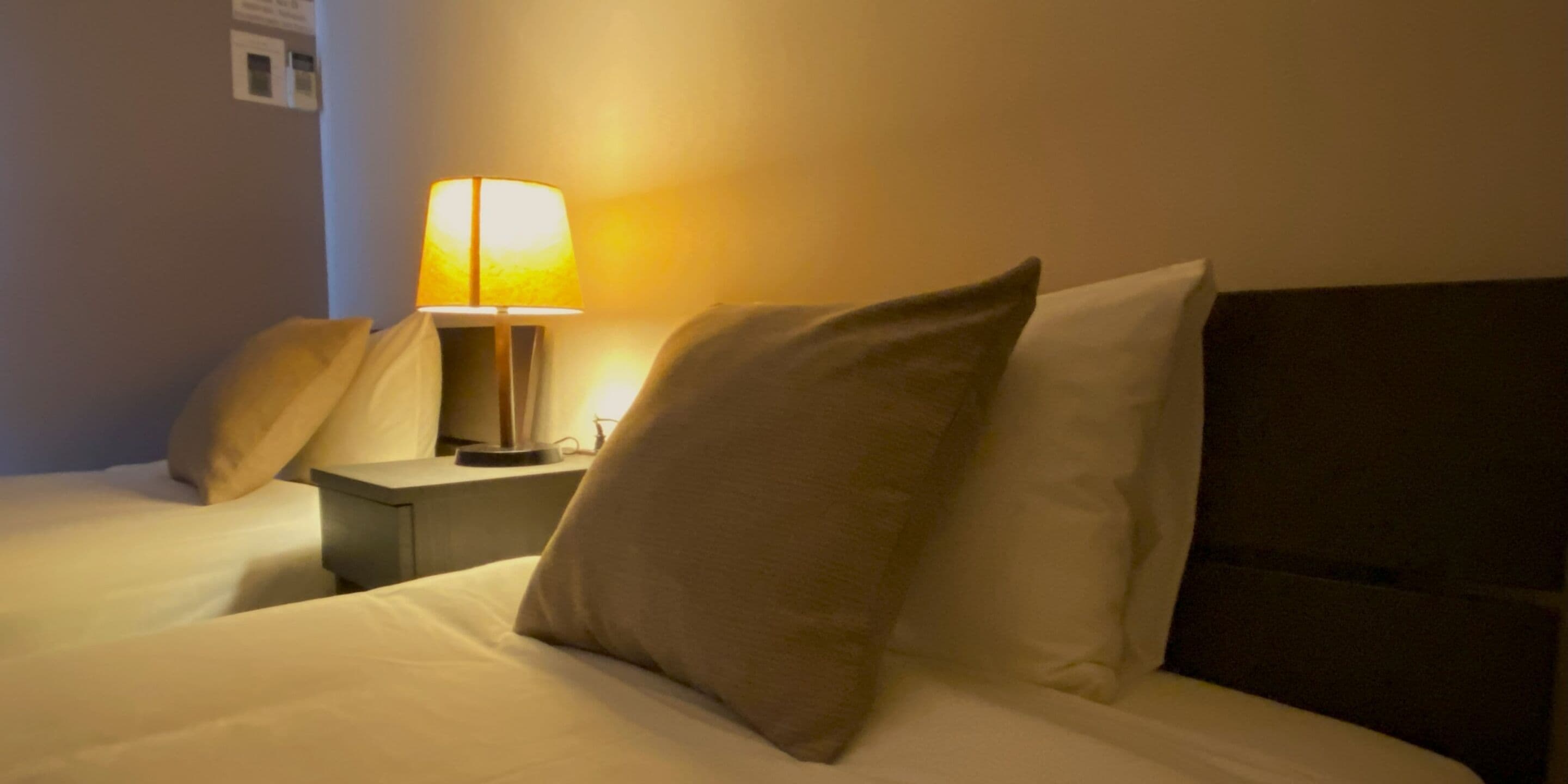 A hotel room with two beds, each with white linens and multiple pillows. There is a bedside table with a lamp between the beds.
