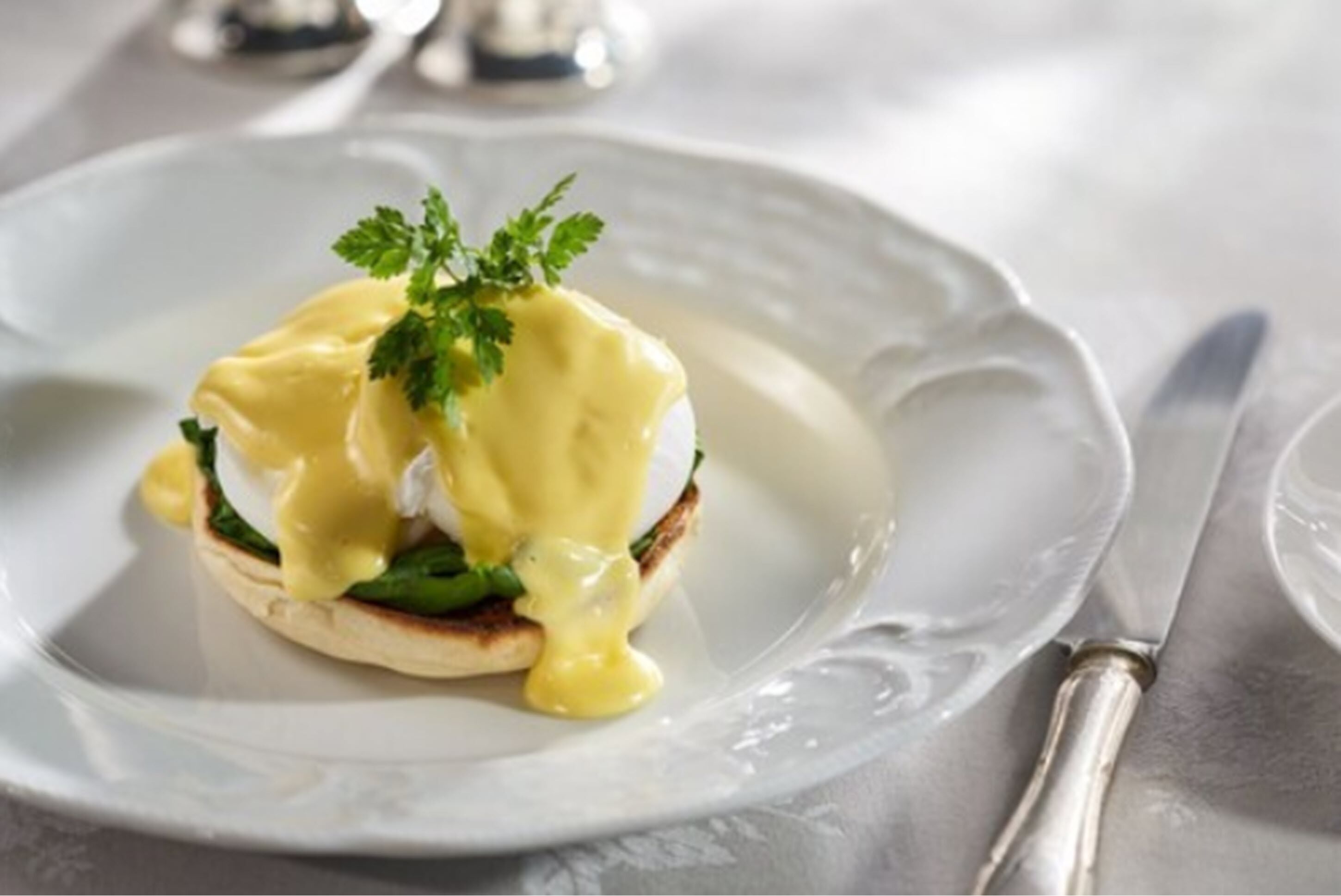 Un plato con un plato de desayuno, posiblemente huevos Benedictinos, adornado con perejil.