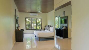 Forest Room | Desk, laptop workspace, blackout curtains, iron/ironing board