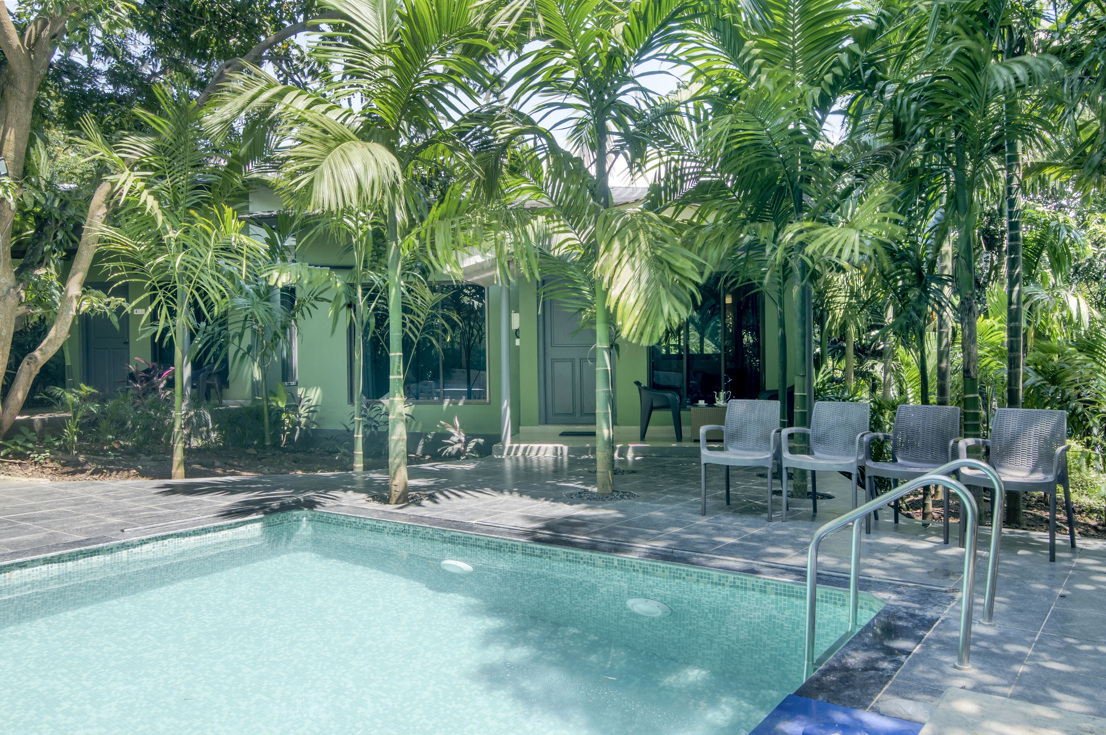 A pool area with a clear pool, surrounded by palm trees and chairs.